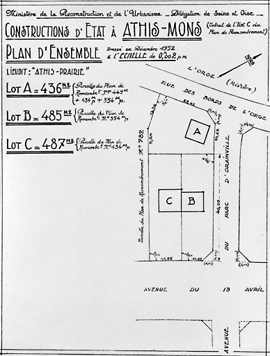 Plans masse de 3 pavillons de l'ASR acquis par l'Etat, en vue de leur cession ultérieure, après des désordres survenus dans les fondations en septembre 1949 (pavillons Pichard et Junghi) ; décembre 1952.