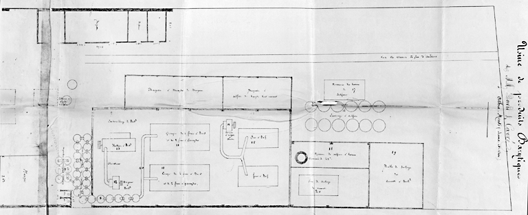 Plan de l'usine de produits barytiques de MM. David et Carré (1ère partie ; le bâtiment n° 19, en haut du plan, se trouve du côté de la voie ferrée) ; 15 mars 1896.