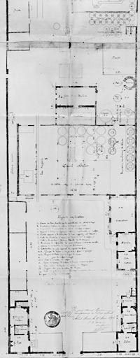 Plan de l'usine de produits barytiques de MM. David et Carré (2e partie ; les pavillons d'entrée donnent sur le quai de l'Industrie, côté Seine) ; 15 mars 1896.
