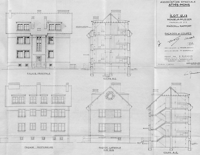 Elévations et coupe de l'immeuble reconstruit pour M. Pflieger dans l'îlot 12-13, parcelle 213, par E. Ramadier, architecte d'opération, 25 juin 1948.