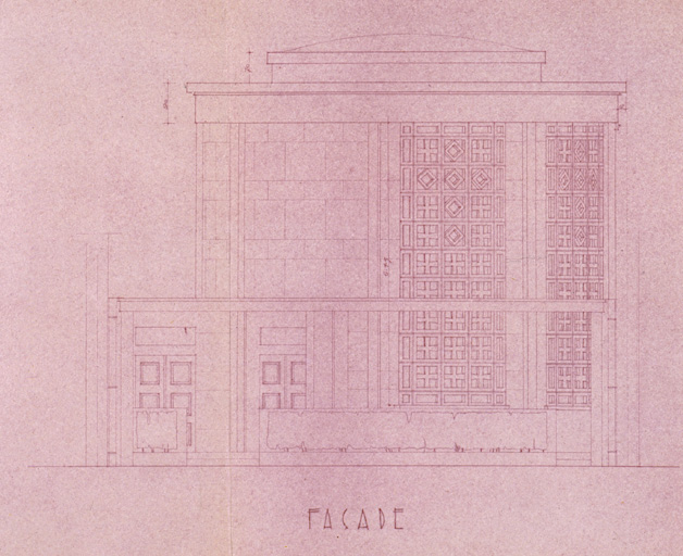 Projet de Claude Le Coeur en 1948 : étude pour la façade principale, 3 mai 1948. Les murs sont prévus en maçonnerie de briques creuses sous enduit, la couverture en aluminium posée sur voligeage.