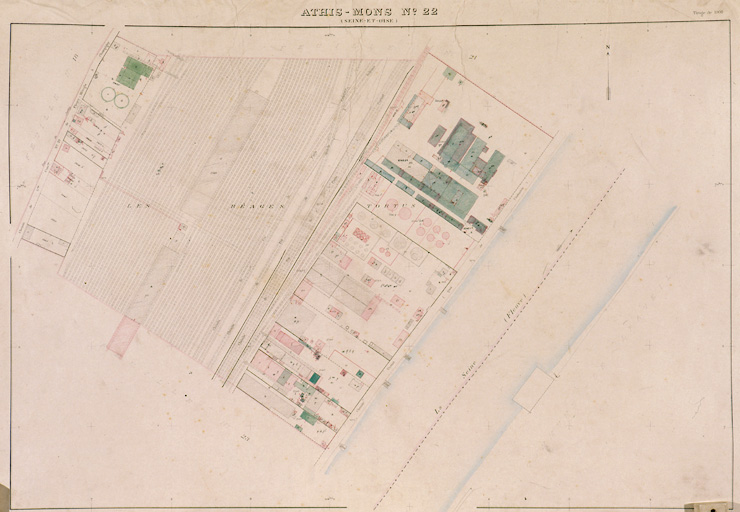 Les Réages Tortus : en vert, la société Bellanger Frères (la 'Fabrique des Bidons'), 29, quai de l'Industrie ; puis SA des Pétroles Jupiter ou Fils de Deutsch (n°27-21) ; malterie Kneipp (n°18) ; société Sanders (n°17) et société métallurgique de Juvisy ou établissements Arrous (n°15).