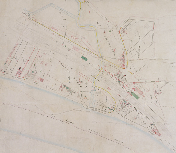 Cadastre de 1908 révisé en 1933 : feuille n° 8. Bords de Seine (gare et confluent de l'Orge et de la Seine).