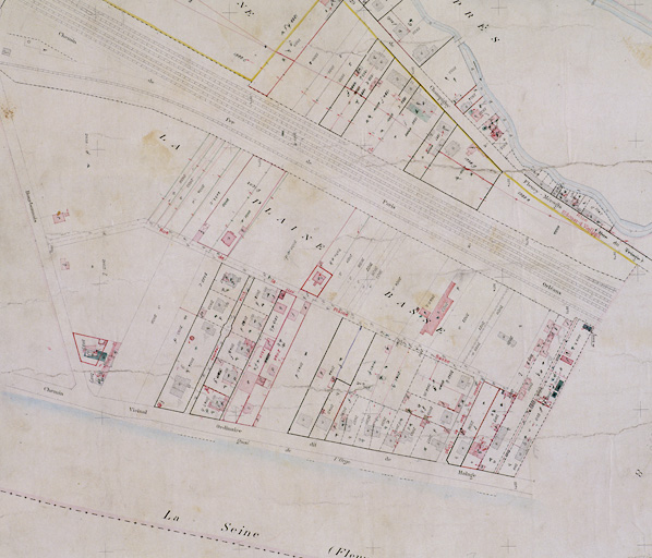 Cadastre de 1908 révisé en 1933 : feuille n° 9. Les bords de Seine : la Plaine Basse et la Villa Jeanne.