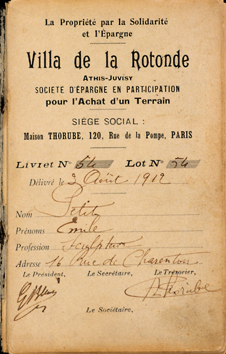 Livret de sociétaire de la Société mutuelle d'épargne de la Villa de la Rotonde, 1912 : page de couverture.