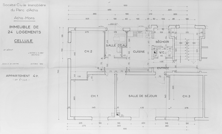 Plan d'un appartement de 4 pièces dans les immeubles collectifs, dressé par J. Thivier et R. Poggi, octobre 1955.