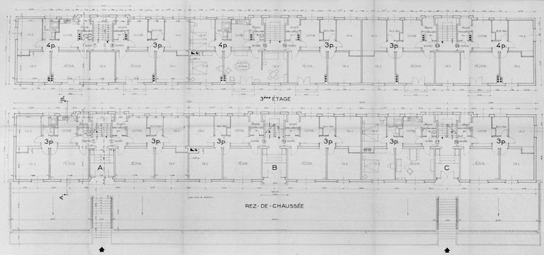 Plans des immeubles collectifs, rez-de-chaussée et 3e étage, par J. Thivier et R. Poggi, octobre 1955.