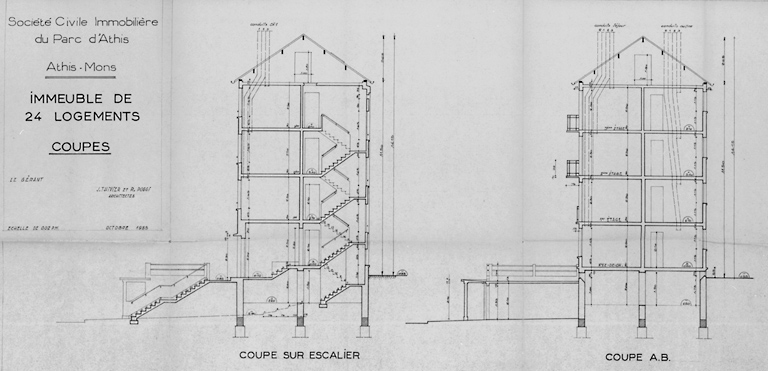 Immeubles de 24 logements : coupes ; J. Thivier et R. Poggi, octobre 1955.