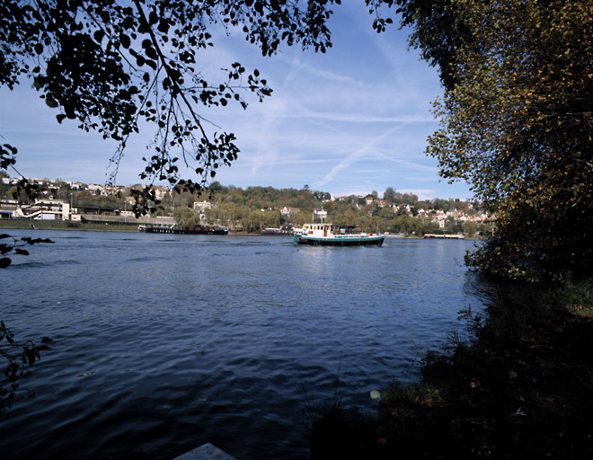 Le coteau et la gare d'Athis vus des bords de Seine à Vigneux.