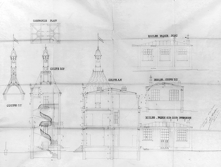 Projet de l'architecte Eugène Tuane : coupes et façades des écoles, 20 juin1876.