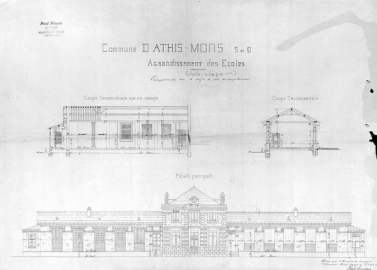 Agrandissement de la mairie-école : plan de l'architecte Paul Simon, architecte à Villeneuve-Saint-Georges, pour la construction de deux ailes abritant les salles de classe, 15 mars 1889.