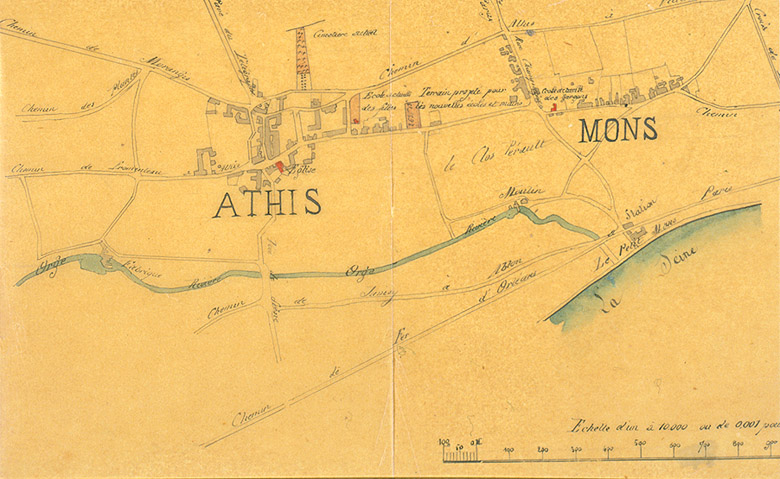 Plan indiquant l'emplacement des anciennes écoles de filles et de garçons, ainsi que du terrain projeté pour la nouvelle mairie-école, s. d. [vers 1876].