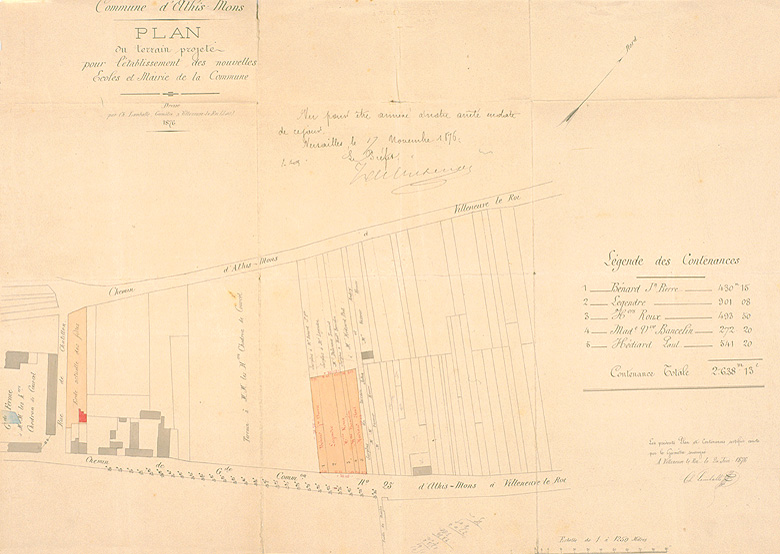 Plan du terrain projeté pour l'établissement de la nouvelle mairie-école, 20 juin 1876.