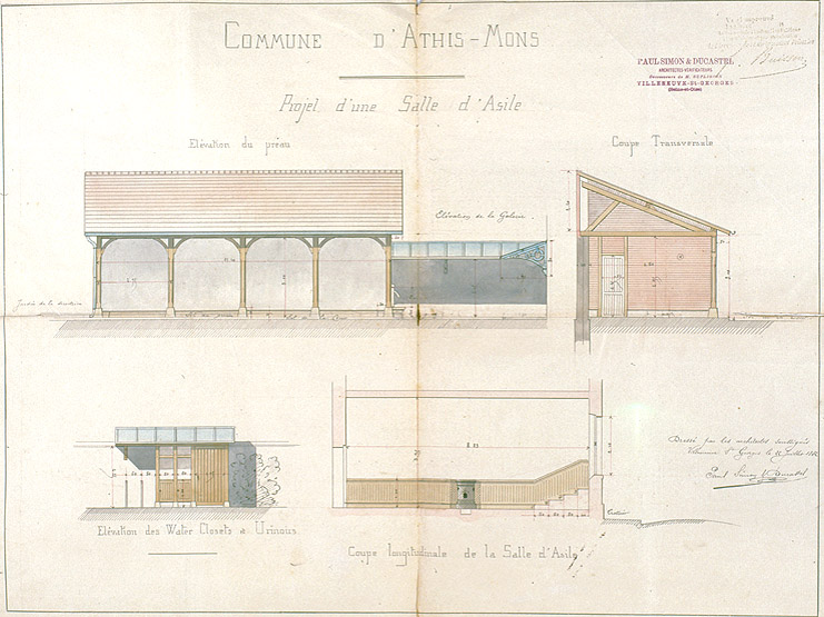 Projet d'une salle d'asile à construire dans l'ancienne école de filles : coupes et élévation ; Simon et Ducastel, architectes, 22 juillet 1882.