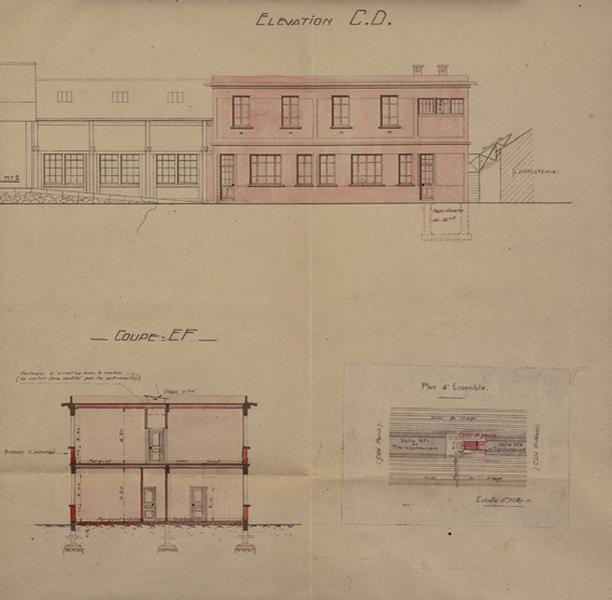 Gare de Juvisy-triage : plan d'ensemble, élévation CD et coupe EF joints au projet de construction d'un corps de garde pour conducteurs au-dessus des bureaux de la gare de Juvisy-triage, 31 décembre 1929