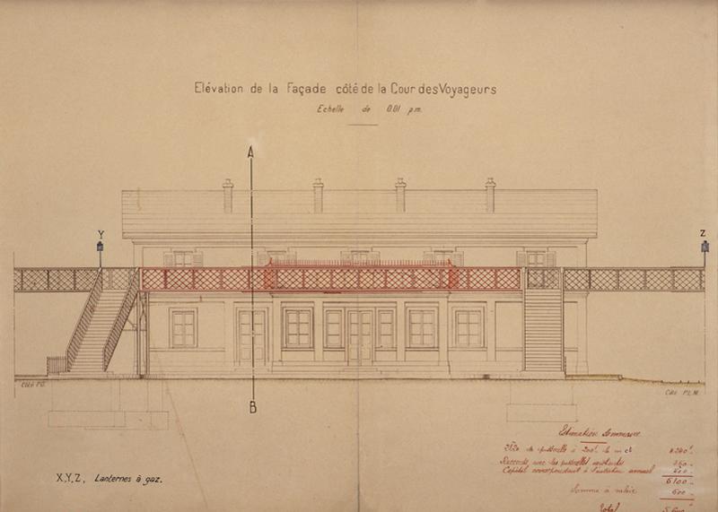 Gare de Juvisy-voyageurs (1e gare) : plan et élévation joints au projet d'établissement d'une passerelle reliant les deux passerelles existantes dans la cour des voyageurs, 21 juillet 1905