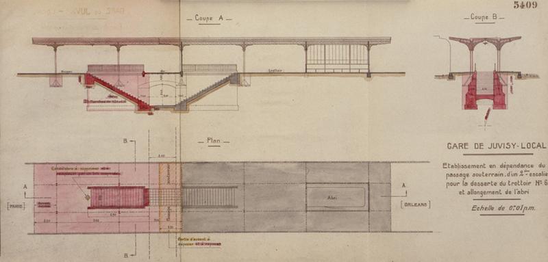 Gare voyageurs : plan de situation, coupes transversale et longitudinale joints au projet d'établissement en dépendance du passage souterrain, d'un deuxième escalier pour la desserte du trottoir n°6 et allongement de l'abri, 24 juin 1922