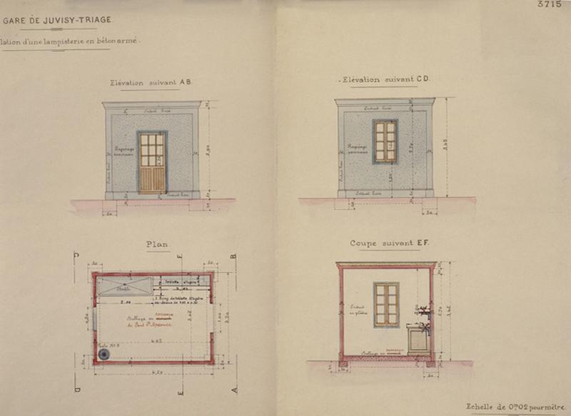 Gare de Juvisy-Dépôt : plan, coupe et élévations d'une lampisterie en béton armé signés Balling, 7 octobre 1919