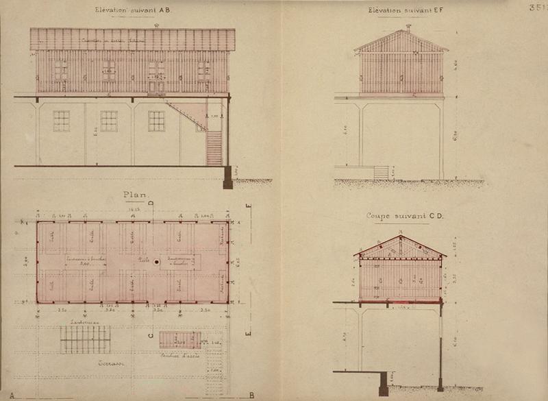 Gare de Juvisy-triage : plan, coupe et élévations d'un réfectoire pour les agents de la manutention, 2 février 1912