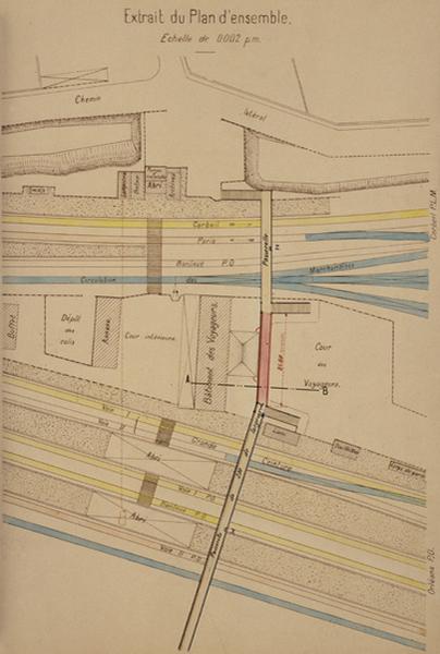 Gare de Juvisy-voyageurs (1e gare) : plan de la jonction entre les deux passerelles existantes, 21 juillet 1905