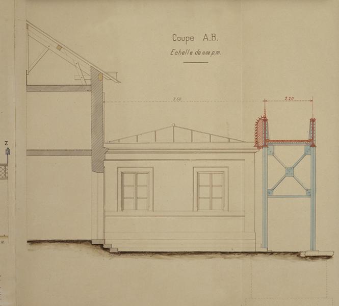 Gare de Juvisy-voyageurs (1e gare) : coupe sur la passerelle reliant les deux passerelles existantes, 21 juillet 1905