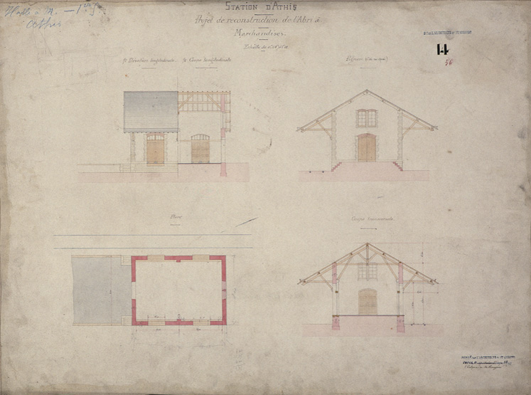 Projet de reconstruction de l'abri à marchandises : plan, coupes et élévations ; s.d. [vers 1870].