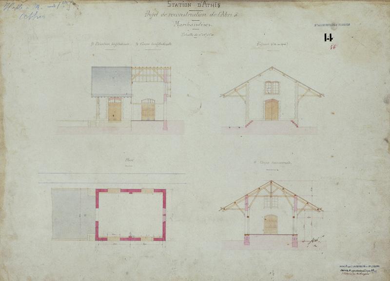 Gare de Juvisy-voyageurs (1e gare) : plan, coupe et élévations du local postal, 11 juin 1909