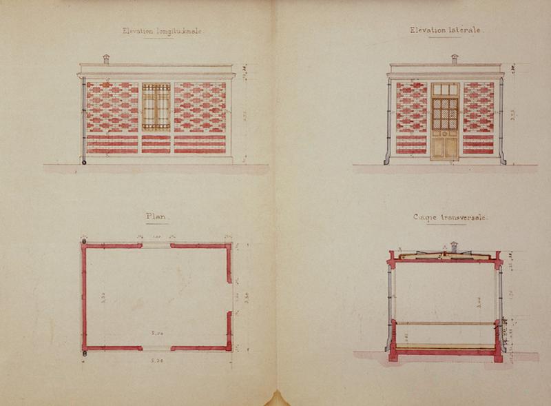 Gare de Juvisy-voyageurs (2e gare) : bâtiment pour le service de la poste : élévations longitudinale et latérale, plan et coupe transversale, du 15 juin 1909.