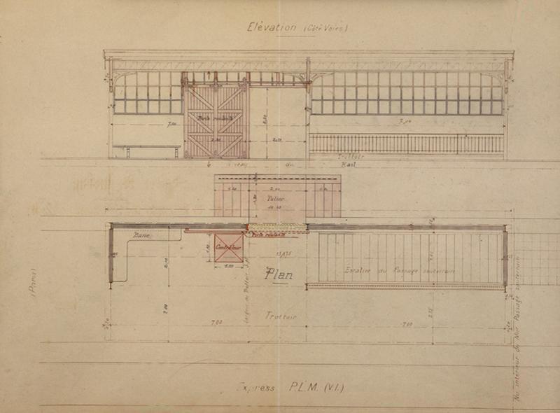 Gare de Juvisy-voyageurs (1e gare) : abri des voyageurs sur le 3è trottoir PLM, plan et élévation du pallier extérieur au niveau du trottoir, 25 juin 1906