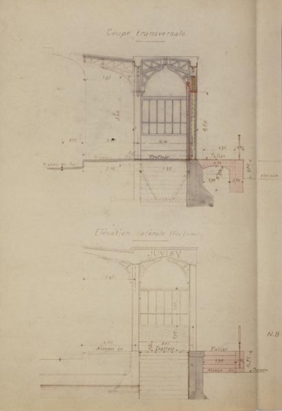 Gare de Juvisy-voyageurs (1e gare) : coupe transversale et élévation latérale de l'abri des voyageurs du 3è trottoir PLM, pallier extérieur au niveau du trottoir, 25 juin 1906.