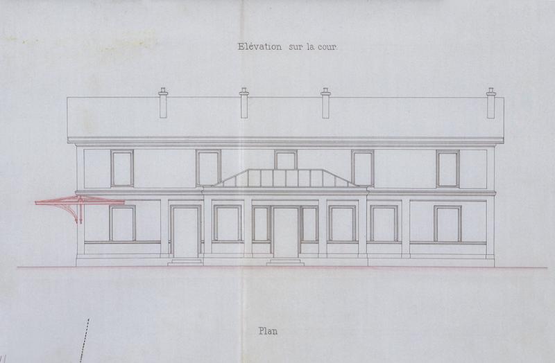 Gare de Juvisy-voyageurs (1e gare) : élévation du bâtiment sur la cour jointe à un projet de marquise circulaire, 7 juin 1888