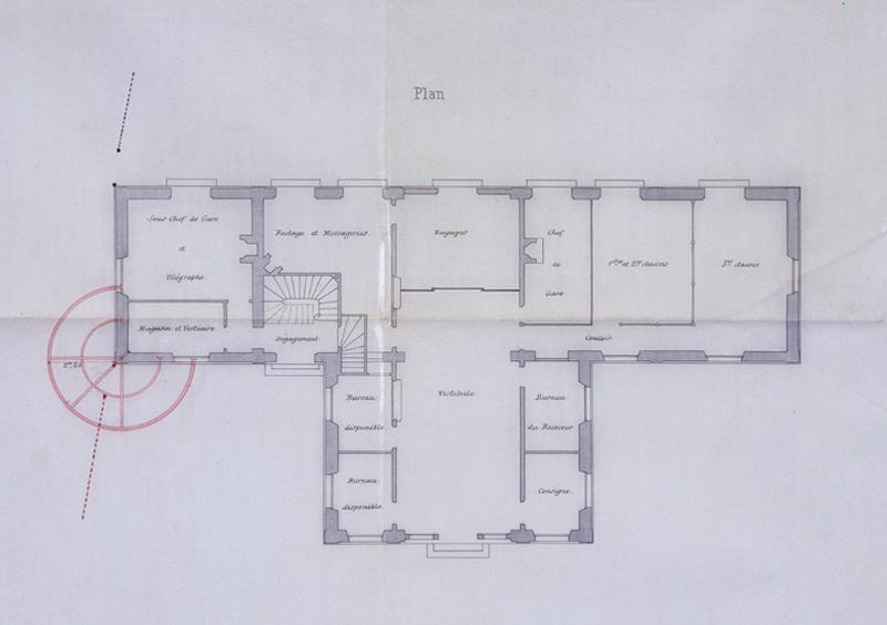 Gare de Juvisy-voyageurs (1e gare) : plan du bâtiment joint à un projet de marquise circulaire, 7 juin 1888