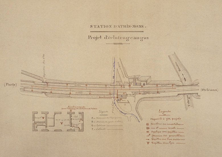 Projet d'éclairage au gaz de la station d'Athis-Mons, avec indication des différents bâtiments (gare, maison de garde et abri, latrines) et plan de la gare. Il s'agit de la première gare, construite en 1841. 12 février 1898.