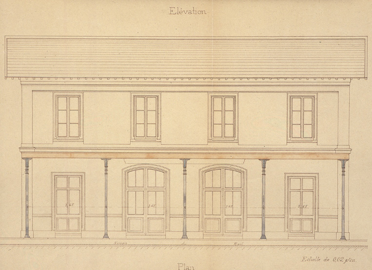 Elévation côté voies du bâtiment de la première gare et projet de marquise métallique. Plan aquarellé, 24 octobre 1893.