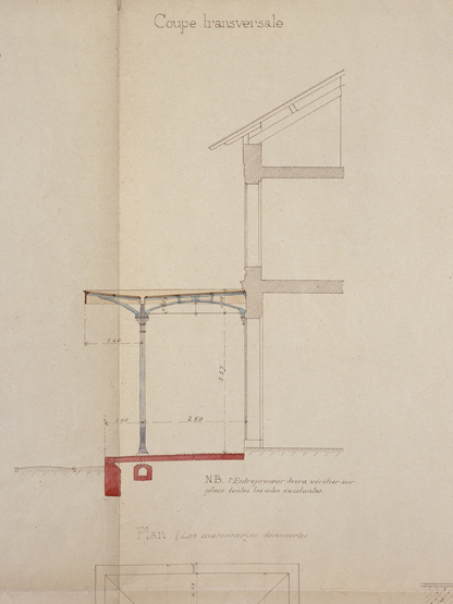Installation d'une marquise métallique sur la façade côté voies de la première gare : détail de la marquise, coupe transversale. Plan aquarellé, 24 octobre 1893.