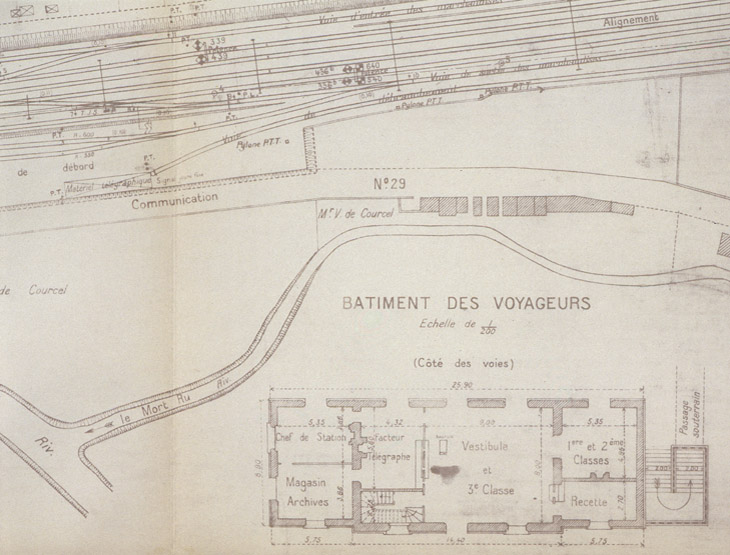 Plan de la deuxième gare d'Athis-Mons (gare actuelle). Il s'agit d'un détail d'un plan établi à l'occasion du projet d'allongement de 30 mètres des quais du côté des voies allant vers Juvisy-sur-Orge. 17 mai 1913.