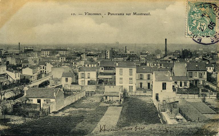 Vue générale du Bas-Montreuil, où l'on distingue l'usine à gaz, vers 1905. Carte postale. (Musée de l'histoire vivante, Montreuil. 1 F 58)