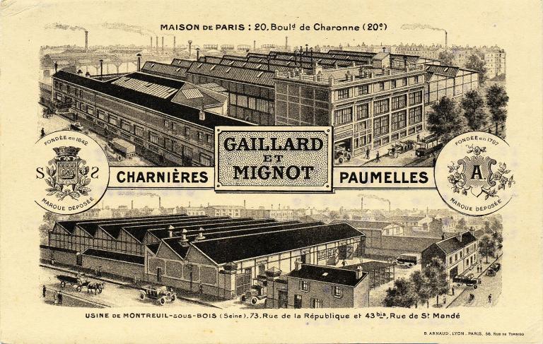 Vue cavalière des établisements Gaillard et Mignot, 73 rue de la République, vers 1910. Carte postale. (Musée de l'histoire vivante, Montreuil. 1 F 14)