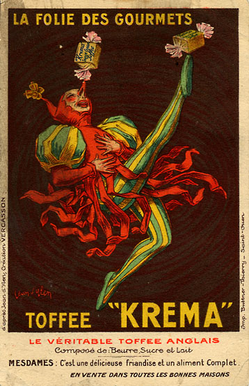 Publicité pour le toffee Kréma, la folie des gourmets, création Vercasson d'après Jean d'Ylen.