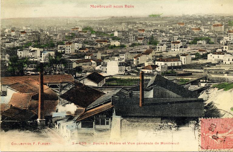 Vue des fours à plâtre de la carrière des Beaumonts, vers 1900. Carte postale. (Musée de l'histoire vivante, Montreuil. 9 F 1)