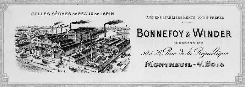 Vue générale de l'usine de colles sèches de peaux de lapin Bonnefoy et Winder, successeurs de Tottin, 50 rue de la République, vers 1890.