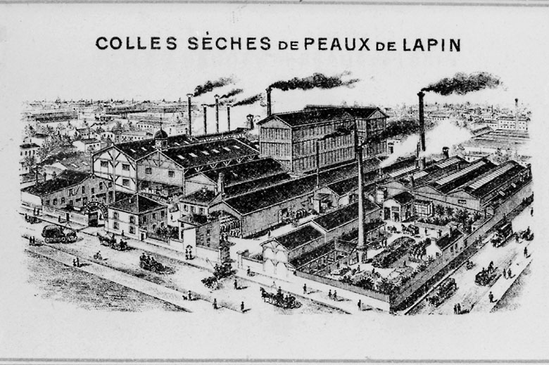 Vue générale de l'usine de colles sèches de peaux de lapin Bonnefoy et Winder, successeurs de Tottin, 50 rue de la République, vers 1890.