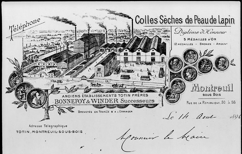 Vue générale de l'usine de colles sèches de peaux de lapin Bonnefoy et Winder, successeurs de Tottin, 50 rue de la République, vers 1890.