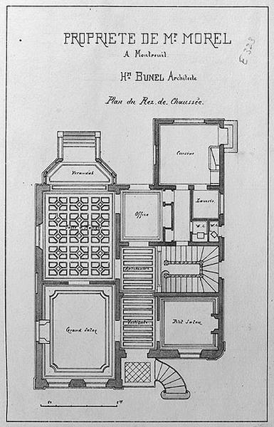 Propriété de M. Morel à Montreuil, Henri Bunel architecte, plan du rez-de-chaussée, dessin (plume et lavis), fin 19e siècle