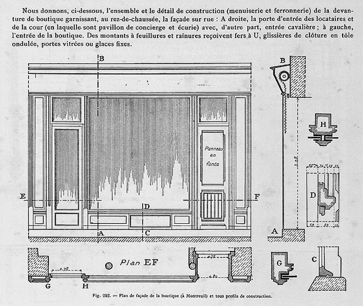 Petite maison de rapport à Montreuil : façade de la boutique (plan, élévation, détails)
