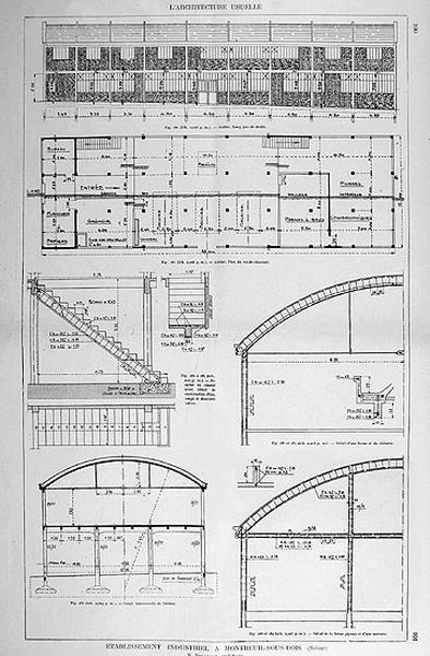 Etablissement industriel : élévation, plans et coupe des ateliers