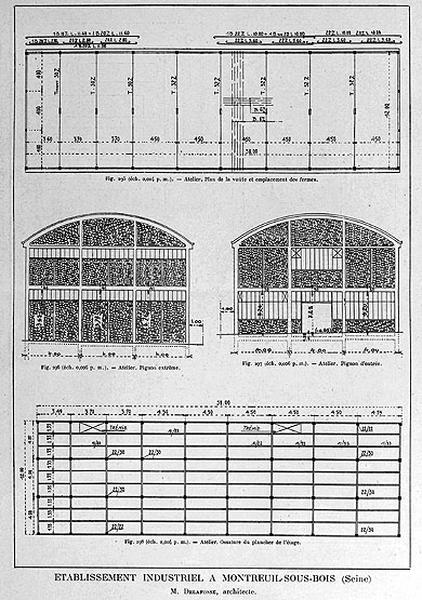 Etablissement industriel : élévations et plans des ateliers.