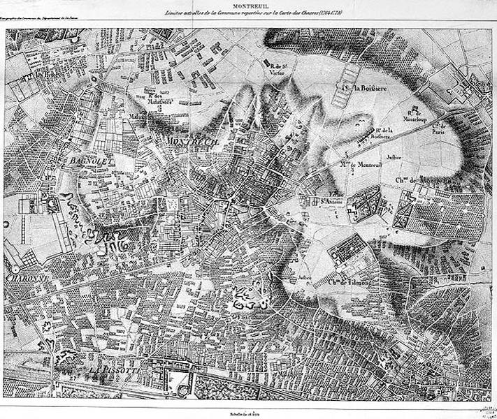 Limites actuelles de la commune reportées sur la carte des chasses (1764-1773).