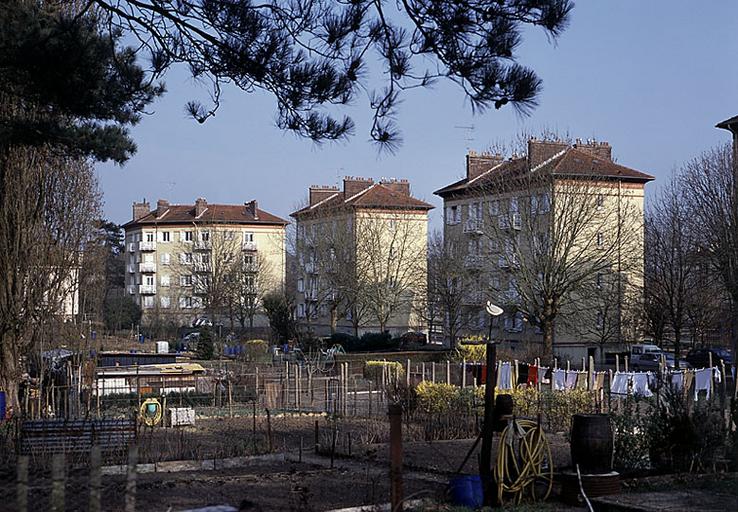 Vue générale, depuis le nord-ouest : façade arrière des immeubles, et jardins ouvriers.