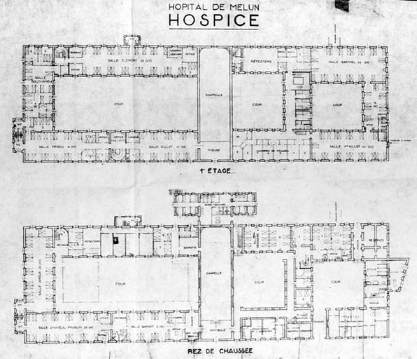 Plan de la partie ancienne de l'hôpital : l'ancien couvent des Récollets et ses extensions (bâtiments A à D sur le plan masse, Pl. 1).